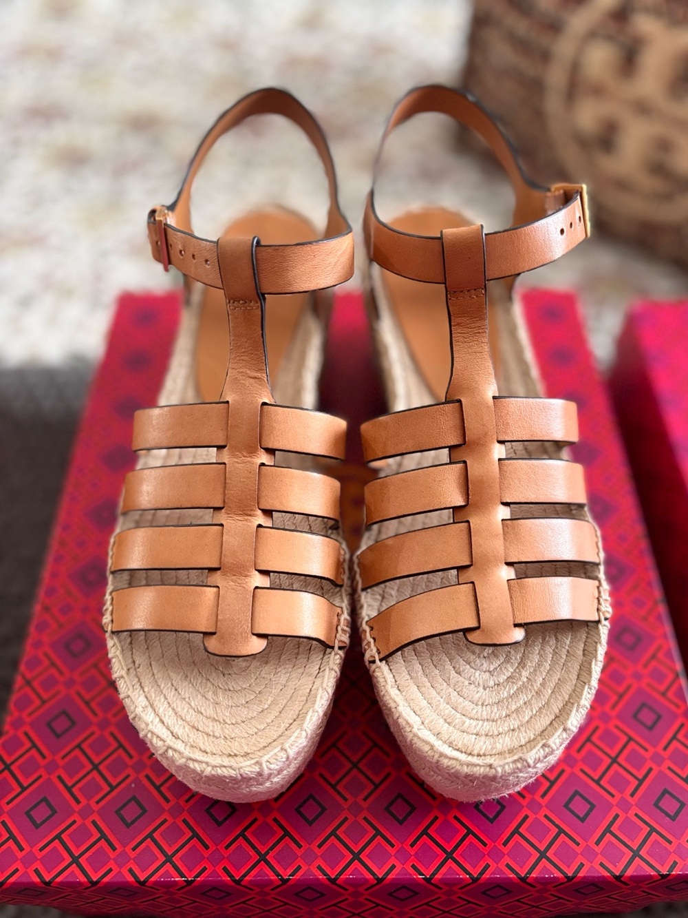 Tory Burch Fisherman Leather Espadrille Wedge Sandals. 9.5